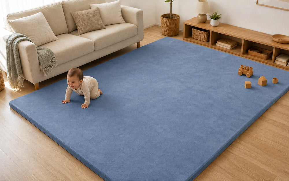 The mat covering the floor from the sofa to the shelving