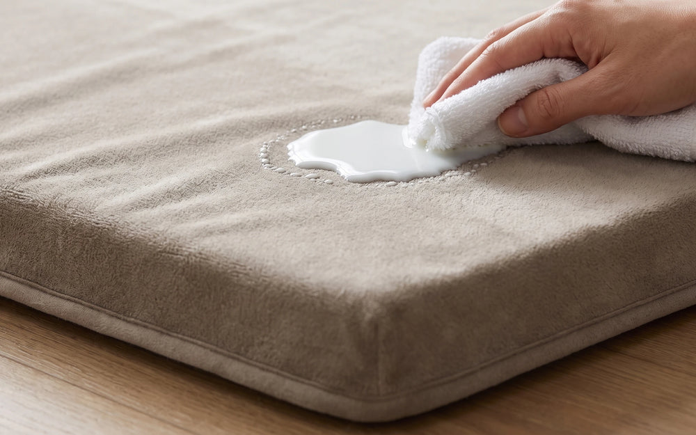 A hand wiping a small spill off the surface with a cloth