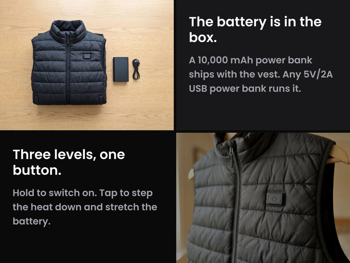 The power bank is in the box; three heat levels on one button